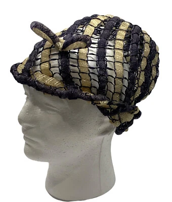 DE COLECCIÓN SOMBRERO PAJITA RED DE PESCA CINTA Arco Azul Dorado Años 60 Maravillosa Mrs. Maisel Foto 1 de 4