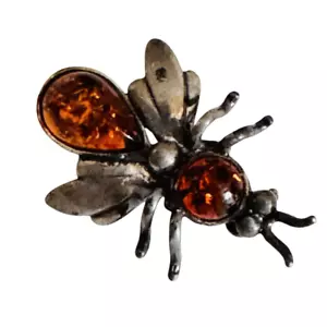 Broche prendedor figurativo luciérnaga abeja/insecto avispa ámbar plata esterlina y ámbar de colección - Imagen 1 de 11