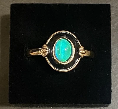 Elegant Gold-Plated Copper Mood Ring | Black Enamel & Oval Glass Stone Size 12 - Image 1 of 4