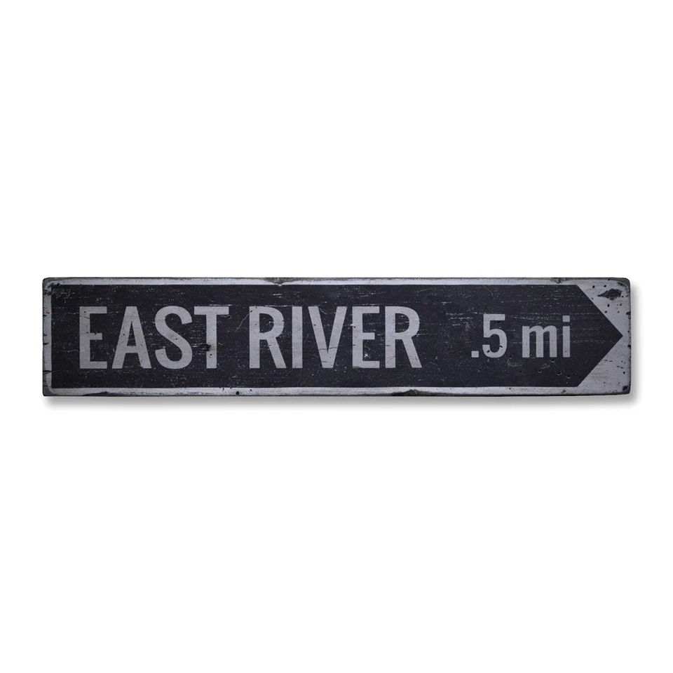 East River Arrow Mileage, Custom Lake - Rustic Distressed Wood Sign - Image 1 of 2