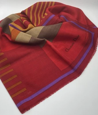 华丽复古 Christian Dior 红色几何流苏 100% 羊毛围巾 34 — 第 1/4 张图片