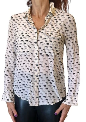 CLUB MONACO WOMAN XS NOVELTY SILK BLOUSE SHEER CHIFFON BUTTON UP IVORY ELEPHANTS - Image 1 of 4