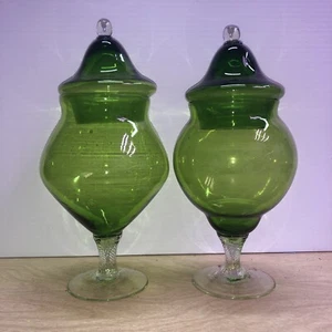 Vintage Emerald Apothecary Jar Twisted Base, Set Of Two - Picture 1 of 6