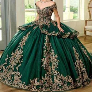 Emerald Green Quinceanera Dresses Glitter Appliques 3D Flower Birthday Ball Gown - Picture 1 of 10