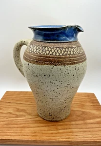 Pottery Pitcher Glazed 9" Blue Rim Details in Brown at top Stone Color w/ flecks - Picture 1 of 10