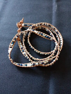 VICTORIA EMERSON WRAP BRACELET Blue AB RS White Glass Brown Leather - Picture 1 of 5