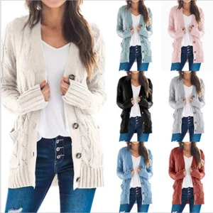 Womens Long Sleeve Cable Knit Sweater Open Front Cardigan Button Loose Outerwear - Picture 1 of 60