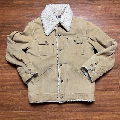 Vtg Levi’s Corduroy Jacket Fleece Sherpa Lined Coat YOUTH 14 Tan Button USA 70s - Image 1 of 4