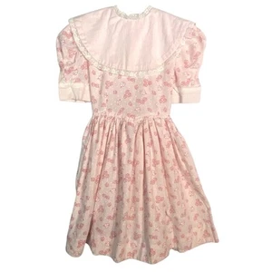 Vintage Handmade Girl's Pink Puff Sleeve Bib Dress Tie Back Sz 6  - Picture 1 of 6