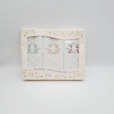 BHS luxury embroidered handkerchiefs X3 cotton new in box vintage white prop - Image 1 of 4
