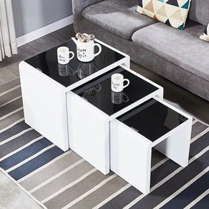 High Gloss Nest of 3 Tables Tempered Glass Top White Grey Side End Coffee Home - Picture 1 of 33