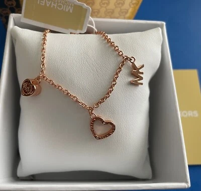 NWT Michael Kors Rose Gold Bracelet Heart Charm Chain Dangle Slide  MKJX7781791 - Image 1 of 3
