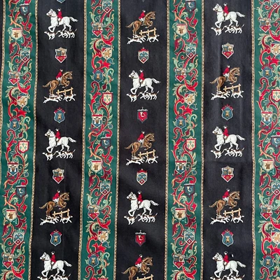 Vintage Cranston Equestrian Hunting Family Crest Horses Fabric Black over 2 yds - Image 1 of 4