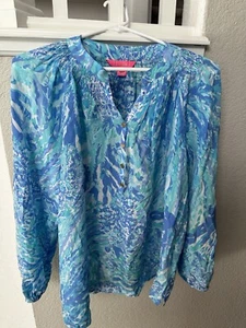 LILLY PULITZER Silk Blouse Long Sleeve AQUA Blue Top Relaxed Fit Large 100% Silk - Picture 1 of 16