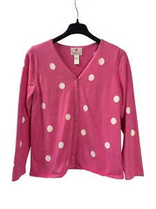 Vintage Y2K Quacker Factory Pink White Polka Dot Cardigan Sweater L Button Front - Picture 1 of 3