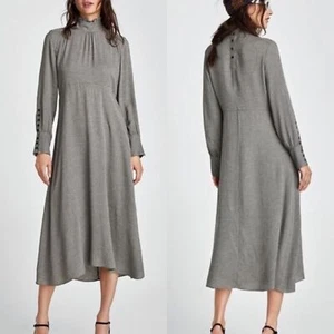 Zara Women's Size XS Ginham Gray Checked Plaid Printed Midi Casual Maxi Dress - Picture 1 of 11