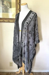 MJ Sereca Burnout Velvet Kimono Womens Gray Floral Boho Sheer Jacket Topper - Picture 1 of 7