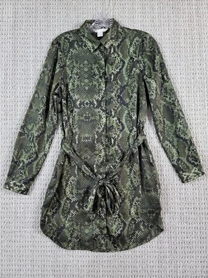 H&M Womens Green Snake Skin Print Shirt Dress Sz 4 Belted Button Up - Image 1 of 4