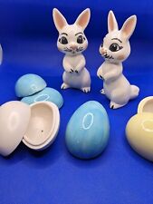 Vtg 2 Easter Bunnies And 4 Eggs Hand Painted Ceramic 4" 