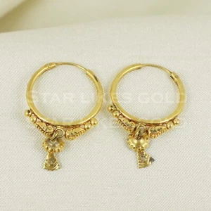18K round dangling Gold hoop Earrings 18K Real Gold Earrings Bali - Picture 1 of 6