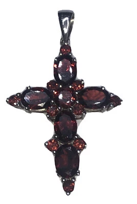 10k Solid White Gold Cross Charm Pendant With Oval Cut Garnet Stones ! - Image 1 of 4