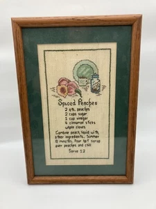 VTG Framed Completed Handmade Cross Stitch "Spiced Peaches" Recipe - Picture 1 of 3