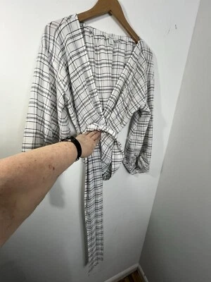 Sundance Dora Blanco Negro Ventana Cuadros Cuadros Kimono Envolvente Top Talla Grande Boho Foto 1 de 4