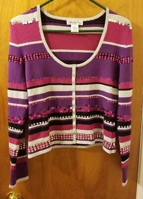Suéter cárdigan corto delantero gancho lentejuelas rayas mediana SPIEGEL para mujer talla mediana Foto 1 de 4