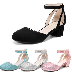 Girls Dress Shoes Elegant Low Heels Dance Pumps Wedding Shoes Party Shoes - Picture 1 of 22