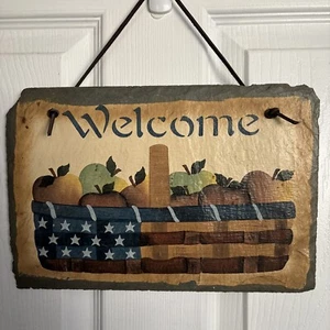 Painted Slate Welcome Sign Flag Basket Patriotic - Picture 1 of 8