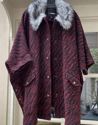 ANTHROPOLOGIE Deep Red & Black Poncho Cape Coat Jacket Pockets Snaps Faux Fur - Image 1 of 4