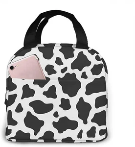Cow Print Insulated Lunch Bag Reusable Picnic Bag Black&white pattern w/ pocket - Picture 1 of 6