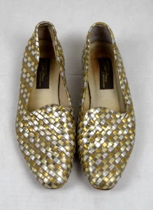 Vintage Sesto Meucci Flats Sz 6 80s Gold Silver Leather Basket Weave Made Italy - Picture 1 of 5