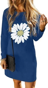 Womens Casual Fall Crewneck Long Sleeve T Shirt Dress Cute Graphic Printed Shift - Picture 1 of 4