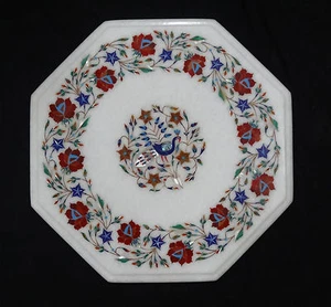 15" Marble Side End Table Top Semi Precious Stone Inlay Peacock Handmade Work - Picture 1 of 1