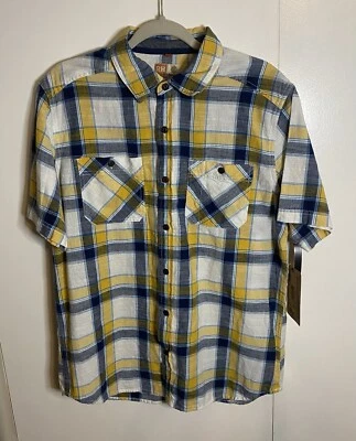 New Ruff Hewn Men’s Short Sleeve White/Yellow/Blue Button Down Shirt, Medium - Image 1 of 4