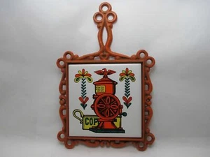 Vtg Wall Hanging Trivet Rustic Orange Cast Iron Coffee Grinder Tile Hotplate - Picture 1 of 1