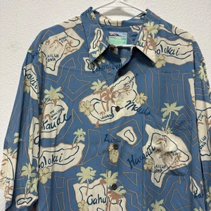 Reyn Spooner XXL Hawaiian Shirt Hawaiian Islands 100% Rayon Blue - Picture 1 of 7