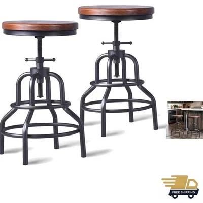 Vintage Industrial Bar Stool-Rustic Swivel Barstools-Round Wood Metal Base-Ki... - Image 1 of 4
