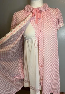 VTG NYLON V-Neck SHEER Pink White Feminine Gingham Lounge Robe NIGHTGOWN S Girly - Picture 1 of 11