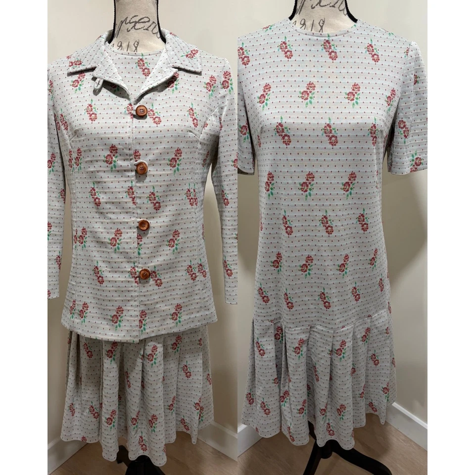 Conjunto de 2 piezas vintage de vestido y chaqueta con cintura caída estampado floral de poliéster Foto 1 de 4
