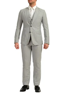 Dolce & Gabbana Men's Gray Linen Striped Three Piece Two Button Suit US 34 IT 44 - Picture 1 of 16