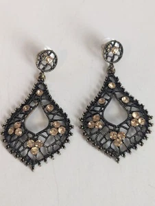 Dressy Black Gold Brown Rhinestone Post Hanging Chunky Statement Earrings - Picture 1 of 5