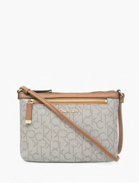 Calvin Klein Monogram Logo Zip Top Womens Swing Bag, Almond Caramel 2021