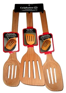 Calphalon ~ 3pc Solid Wood Cooking Utensils Set~Slotted Spoons /Turner ~Wooden - Picture 1 of 1