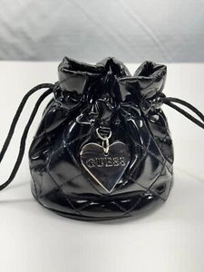GUESS Black Quilted Patent Leather Mini Drawstring Storage Bag Silver Heart - Picture 1 of 12