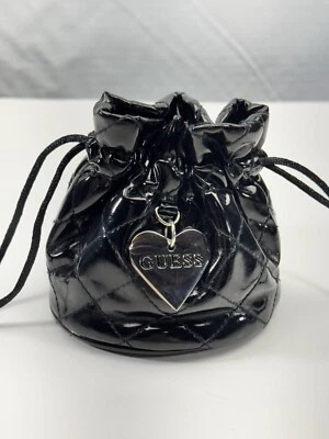 GUESS Black Quilted Patent Leather Mini Drawstring Small Storage Bag SilverHeart - Image 1 of 4