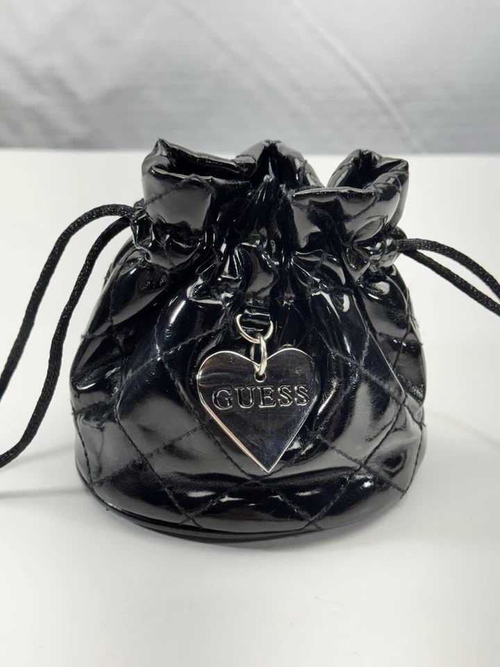 GUESS Black Quilted Patent Leather Mini Drawstring Small Storage Bag SilverHeart - Image 1 of 4