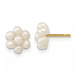 10k Yellow Gold 2-3mm White Button Freshwater Cultured Pearl Flower Earrings - Picture 1 of 6