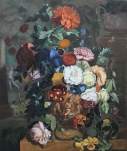 EVELYN JONES BRITISH OIL PAINTING FLORAL BOUQUET 1940 ROSES TULIPS STILL LIFE - Picture 1 of 12